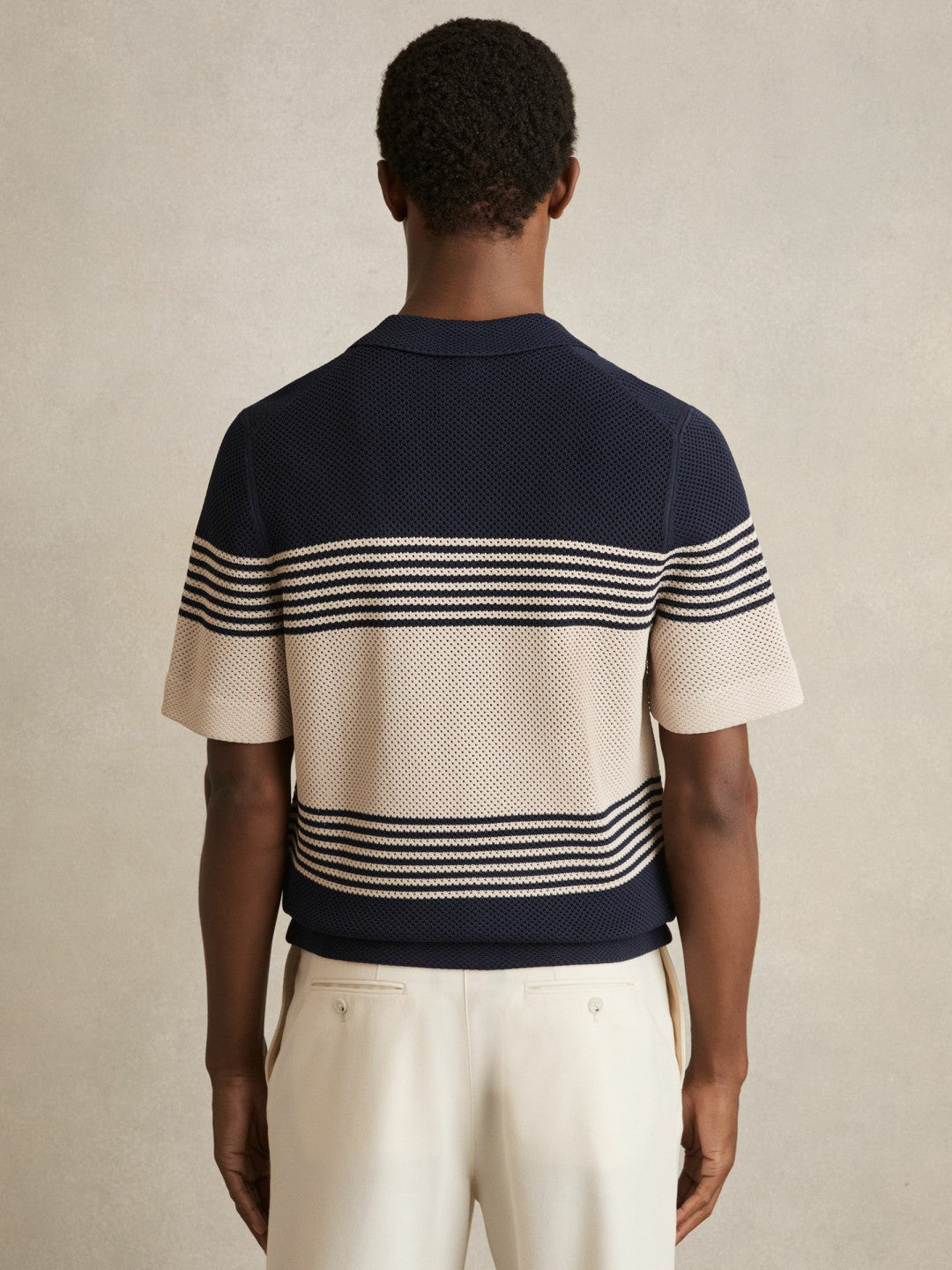 Stripe Textured-Knit Cuban-Collar Shirt in Navy/Stone