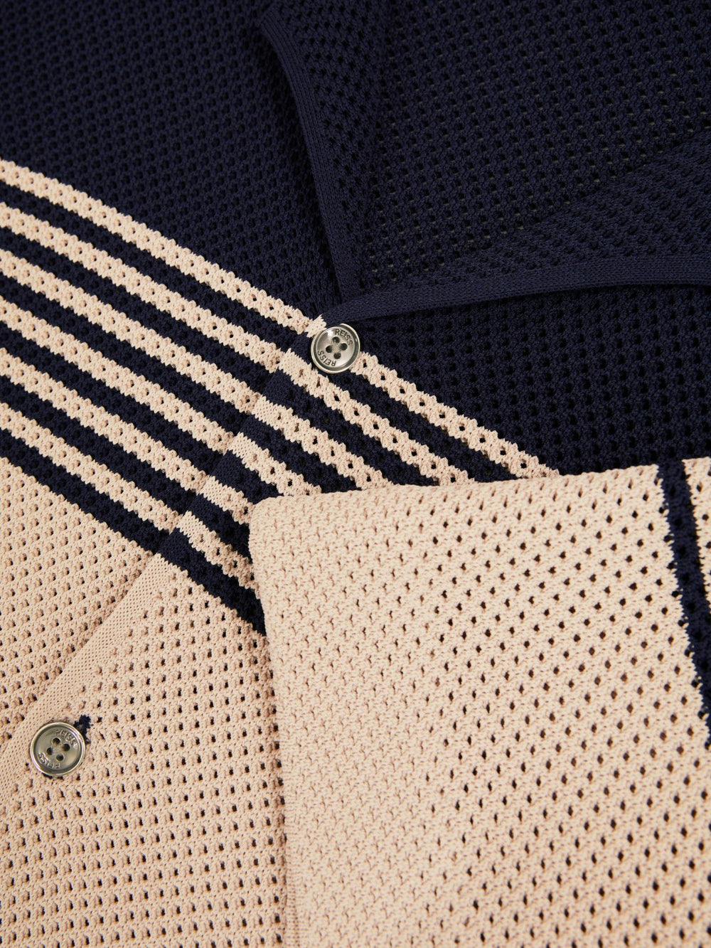 Stripe Textured-Knit Cuban-Collar Shirt in Navy/Stone