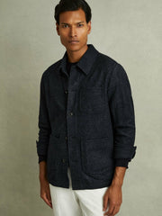 Checked Button Through Worker Jacket in Navy Melange
