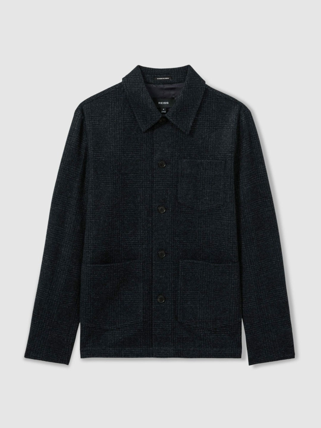 Checked Button Through Worker Jacket in Navy Melange