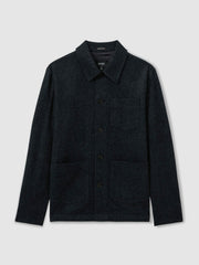 Checked Button Through Worker Jacket in Navy Melange