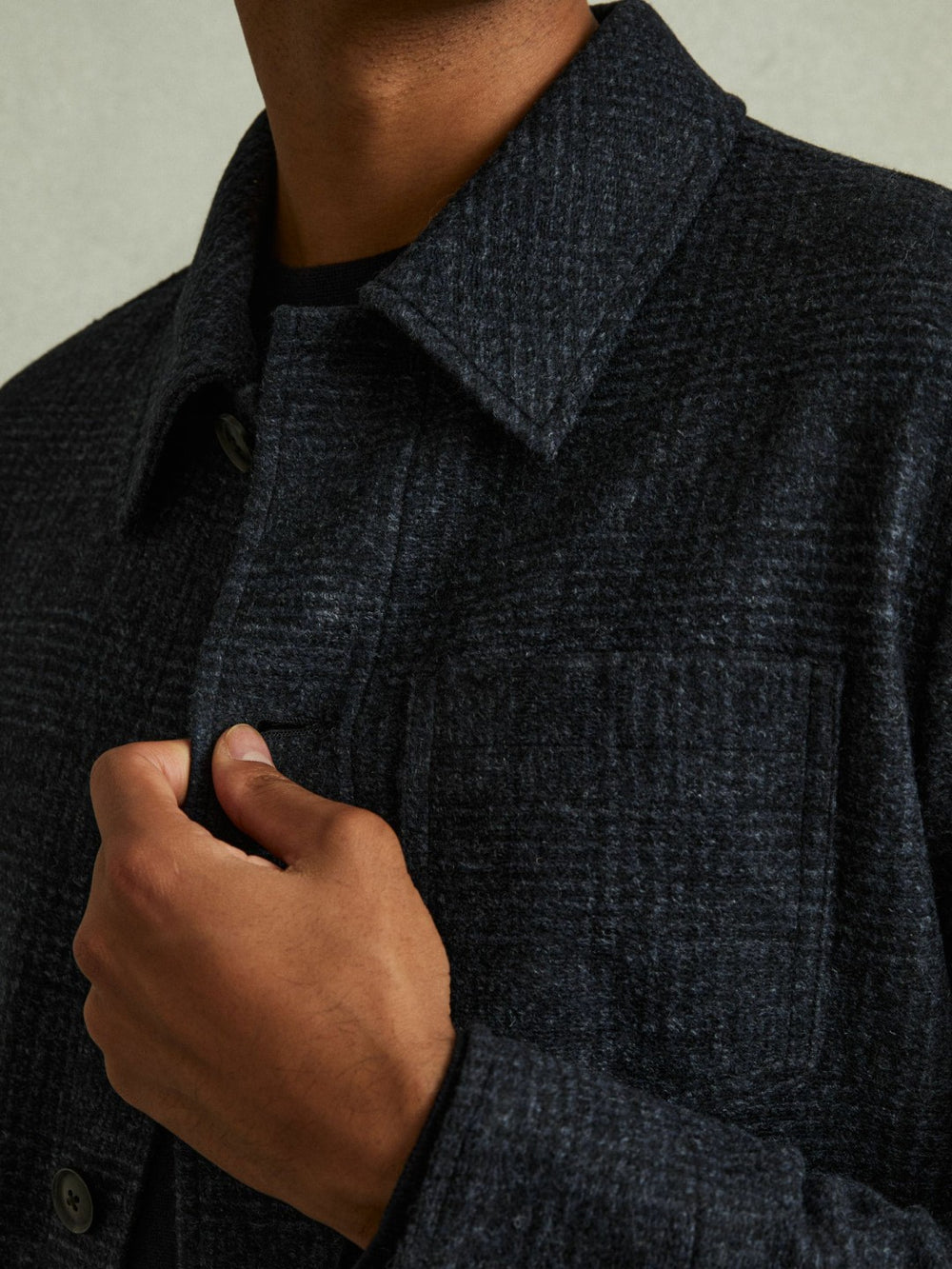Checked Button Through Worker Jacket in Navy Melange