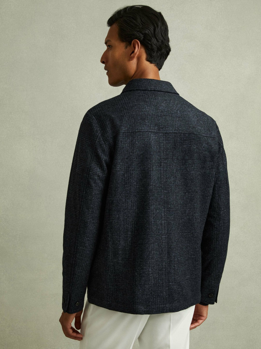 Checked Button Through Worker Jacket in Navy Melange