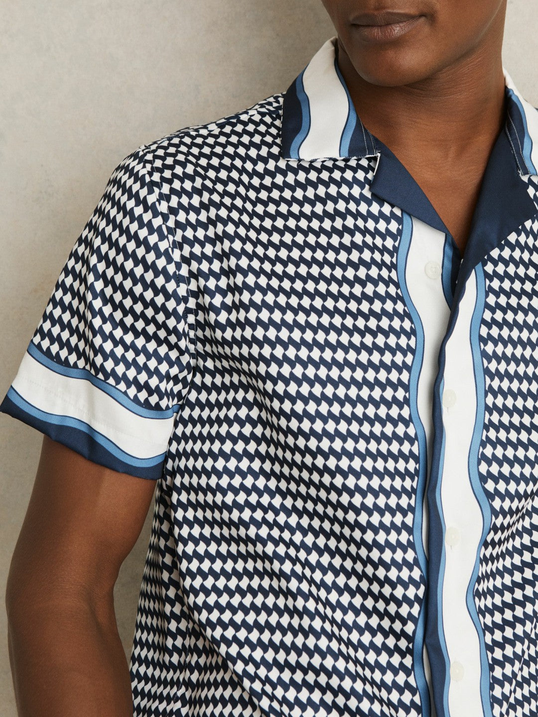 Geometric-Print Cuban-Collar Shirt in White/Navy