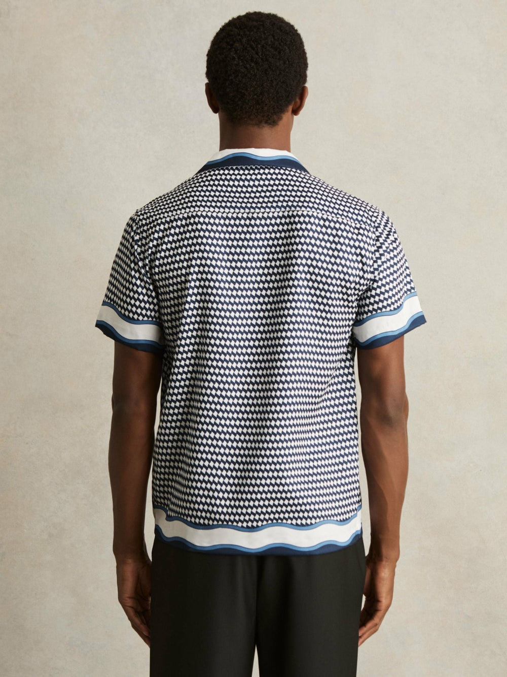 Geometric-Print Cuban-Collar Shirt in White/Navy