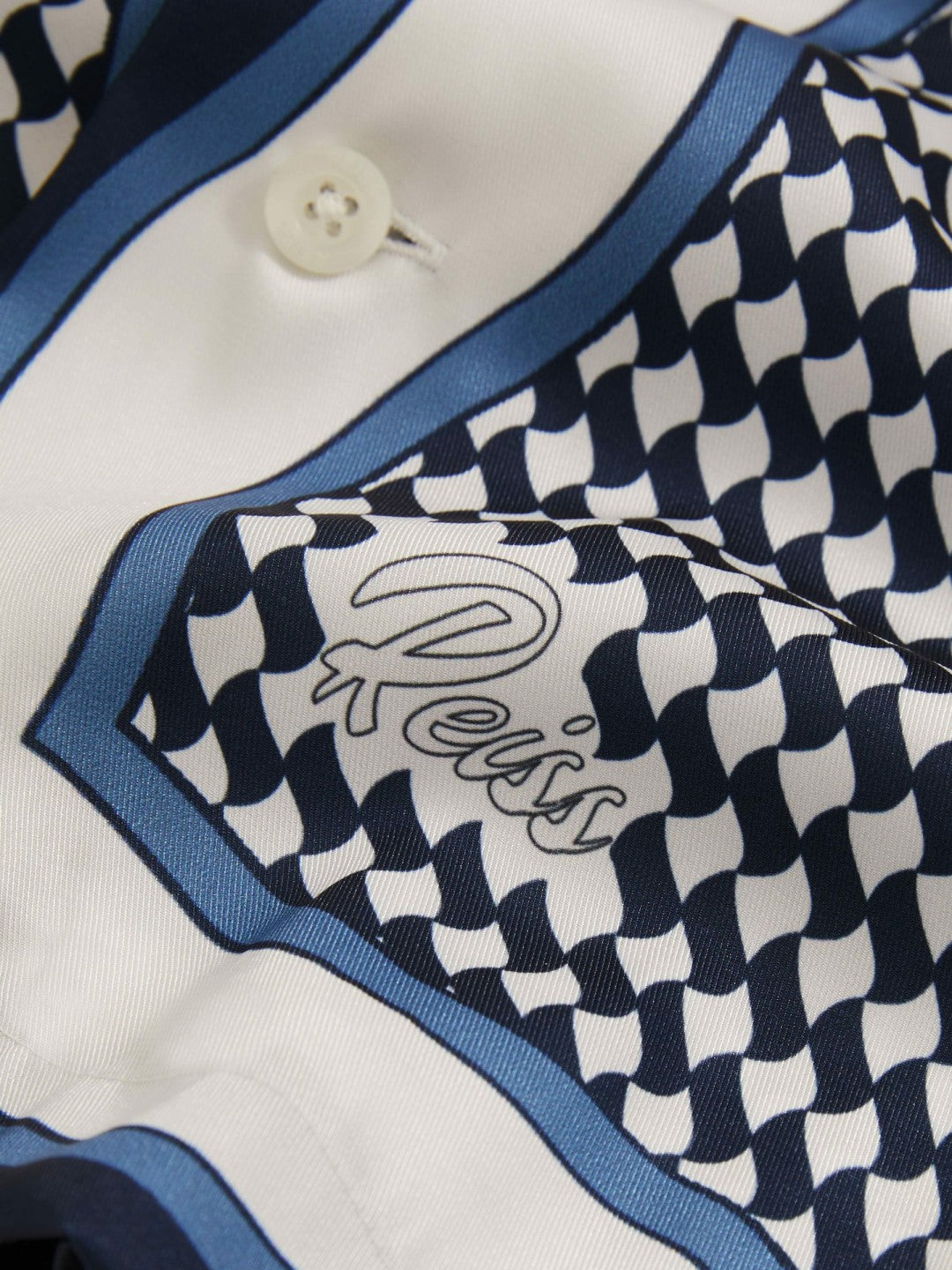 Geometric-Print Cuban-Collar Shirt in White/Navy