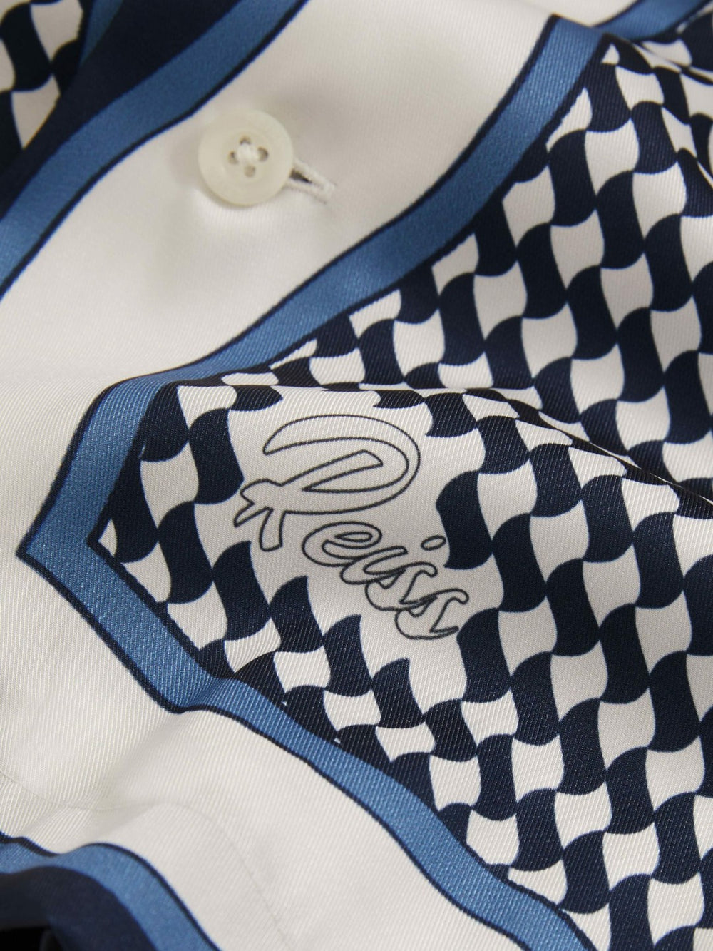 Geometric-Print Cuban-Collar Shirt in White/Navy