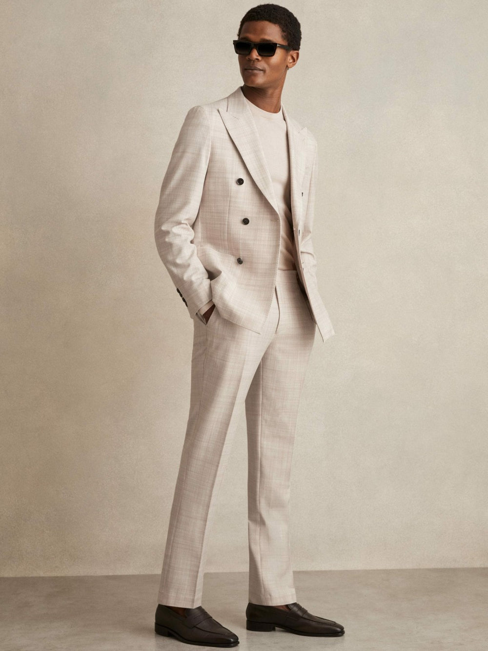 Double-Breasted Check Suit Blazer Regular-Fit in Stone