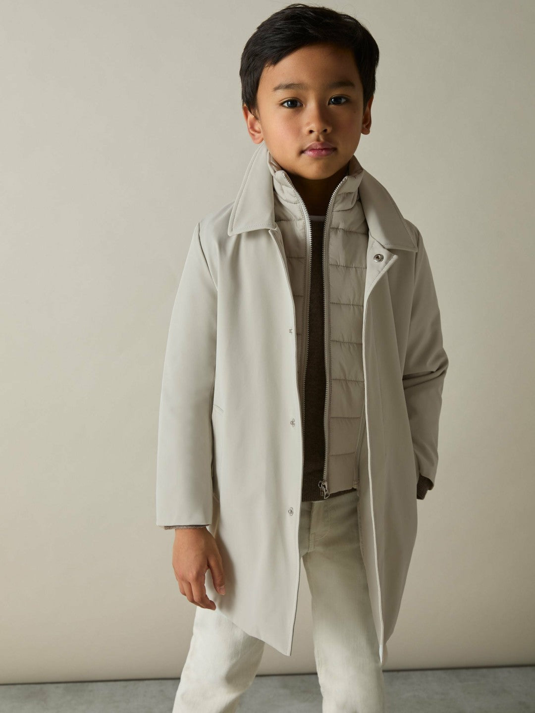 3-9 yrs Gabardine Coat with Removable Gilet in Stone