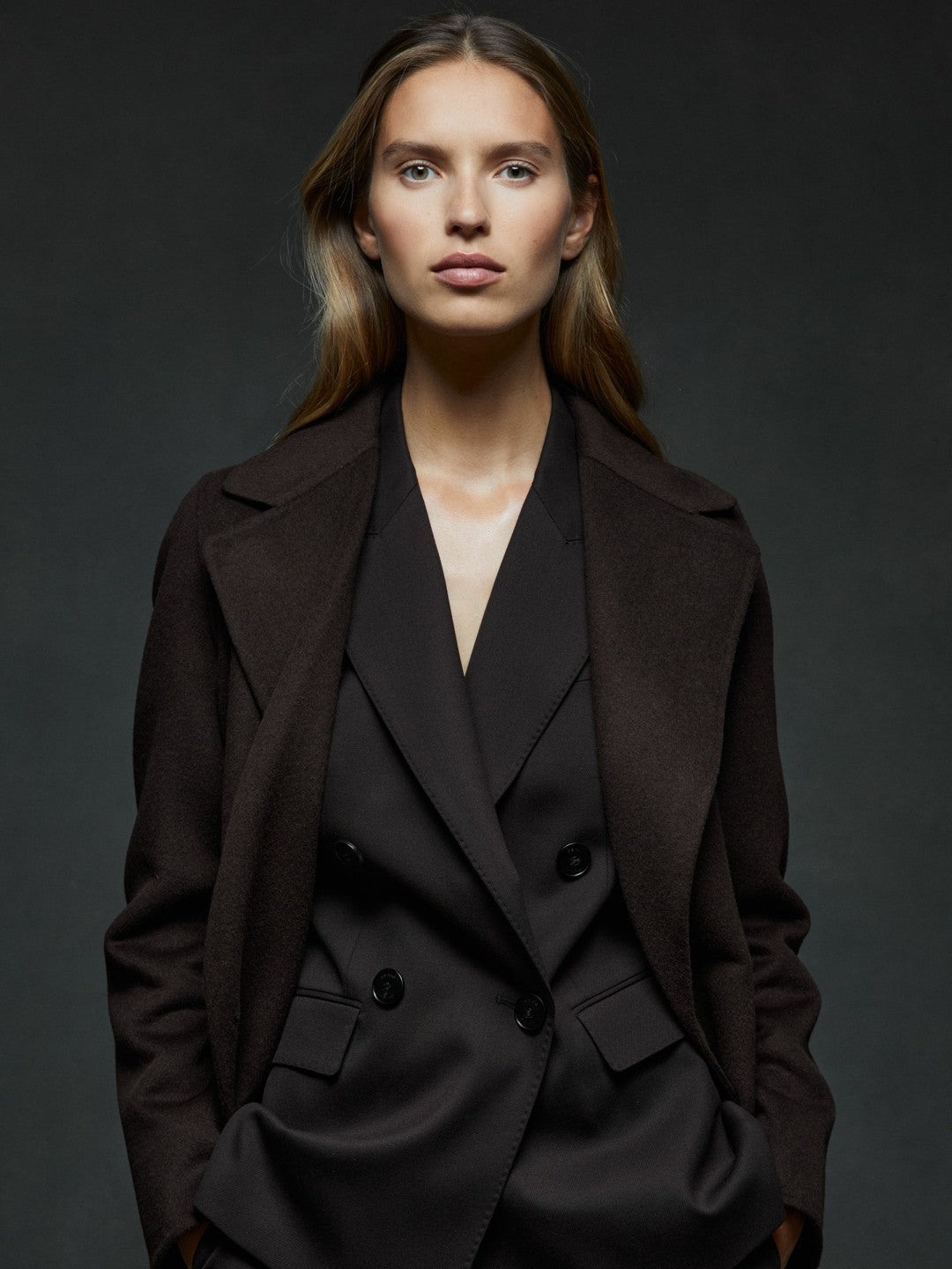 Petite Wool Blend Double Breasted Blindseam Coat in Chocolate