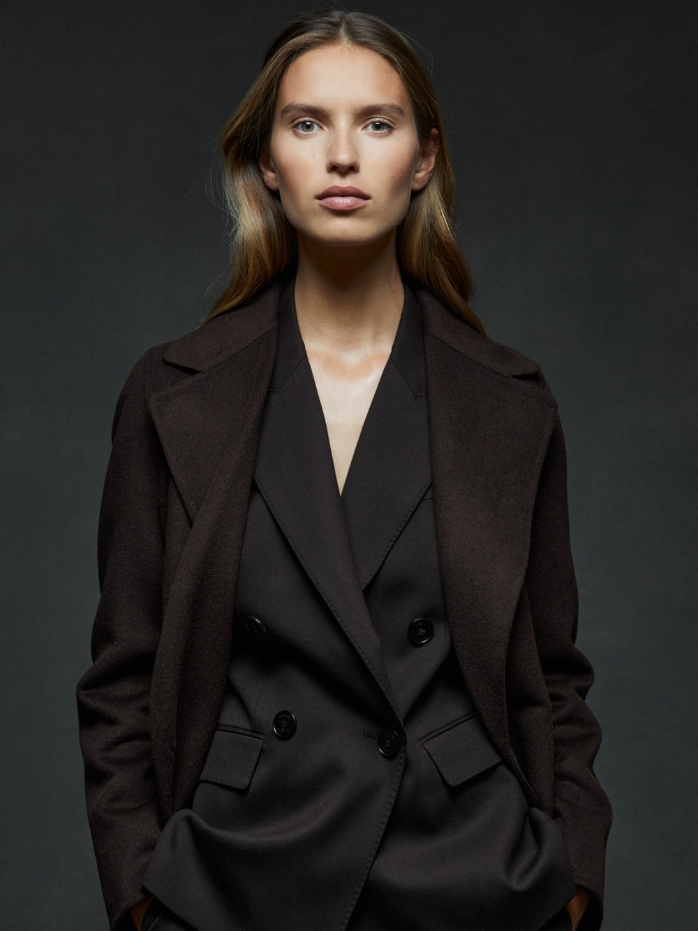 Petite Wool Blend Double Breasted Blindseam Coat in Chocolate