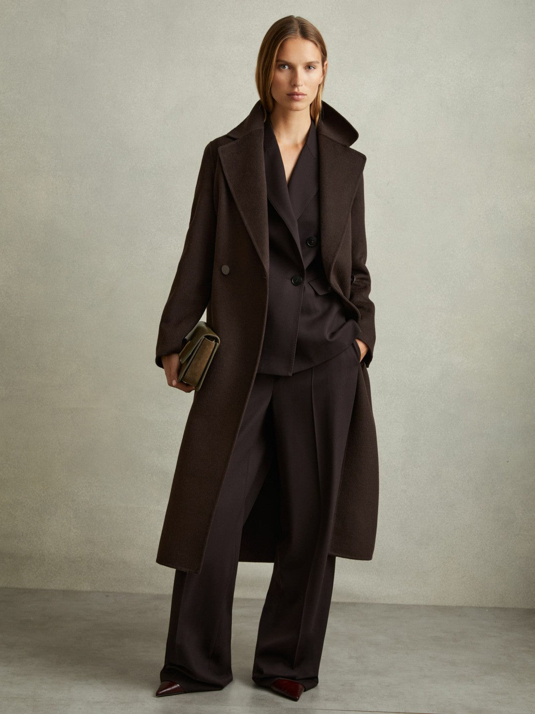 Petite Wool Blend Double Breasted Blindseam Coat in Chocolate