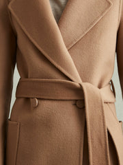 Petite Wool Blend Double Breasted Blindseam Coat in Light Camel