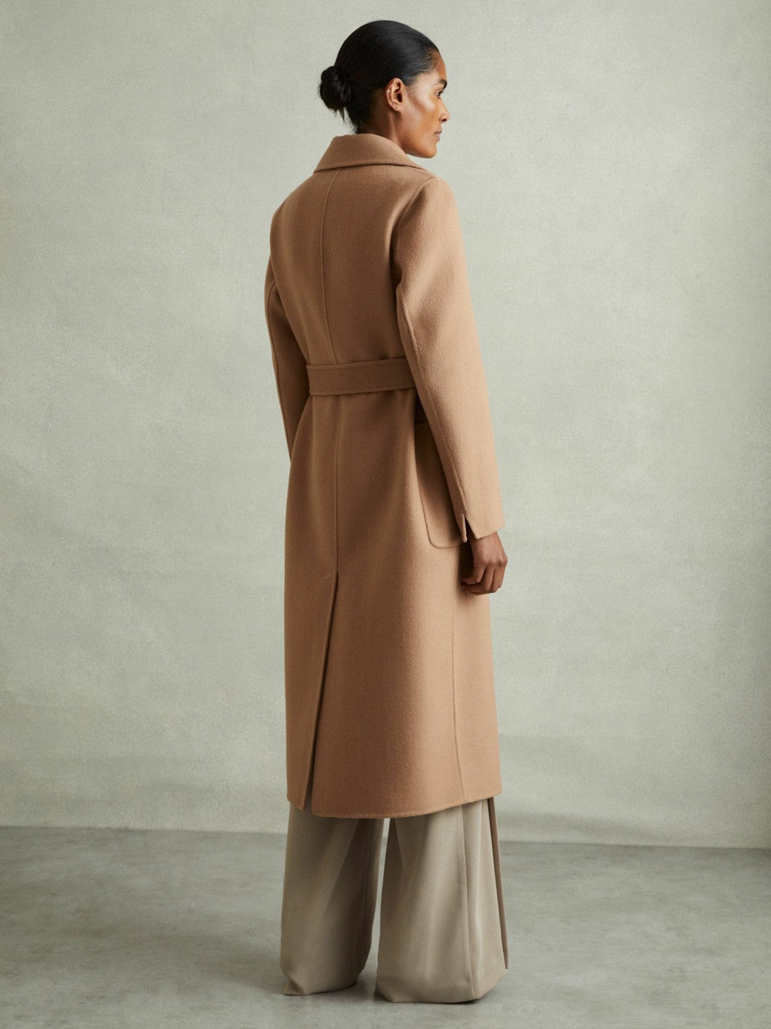 Petite Wool Blend Double Breasted Blindseam Coat in Light Camel