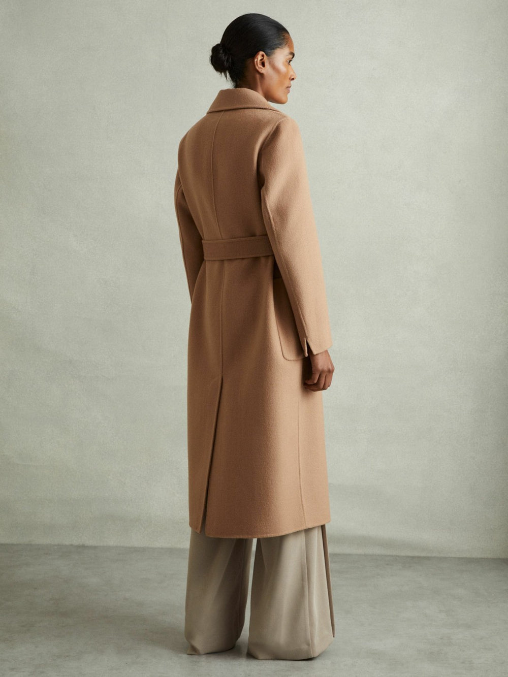 Petite Wool Blend Double Breasted Blindseam Coat in Light Camel