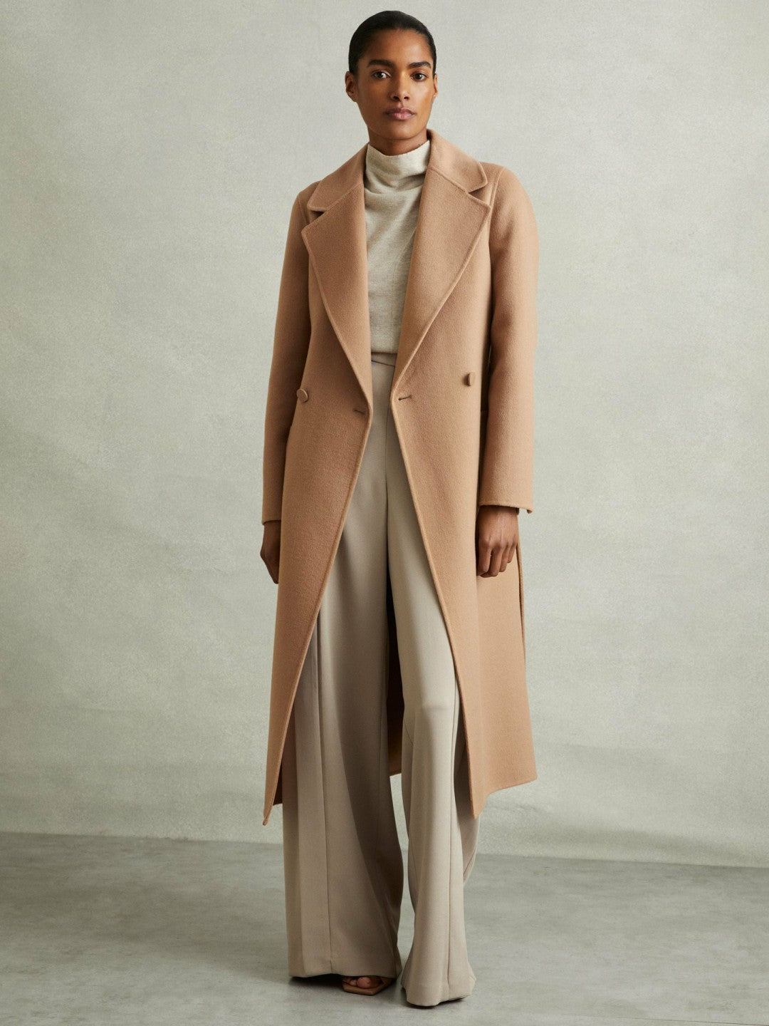 Wool Blend Double Breasted Blindseam Coat in Light Camel