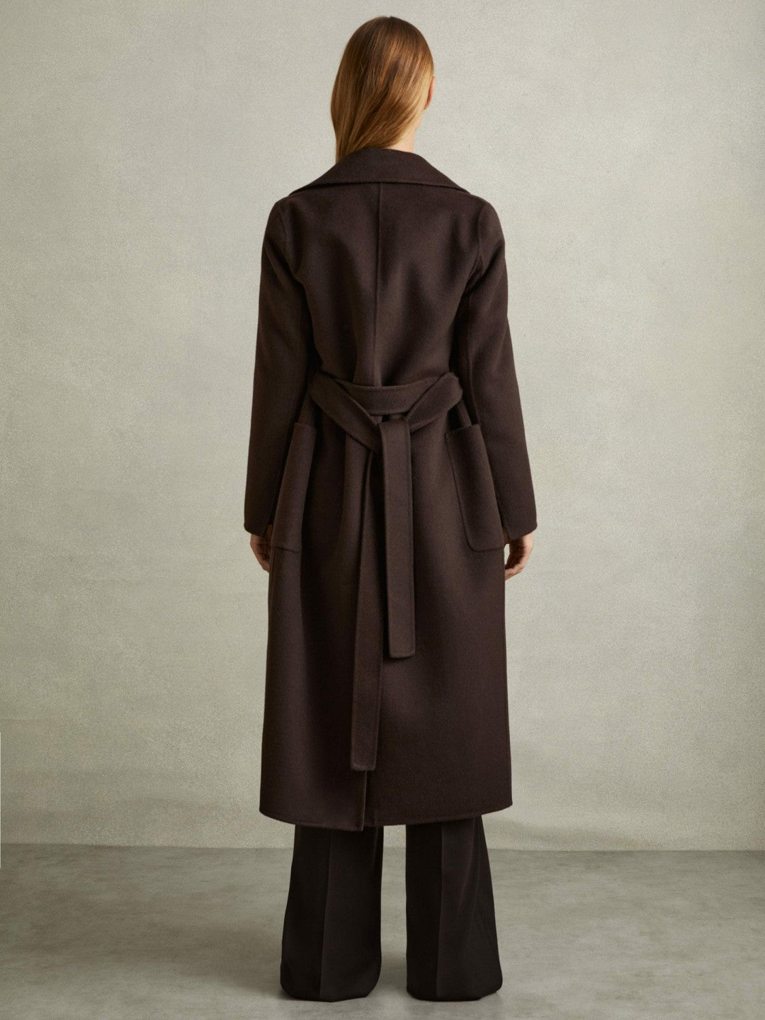 Wool Blend Double Breasted Blindseam Coat in Chocolate