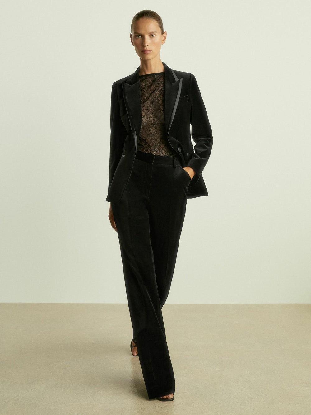 Velvet Flared Suit Trousers in Black