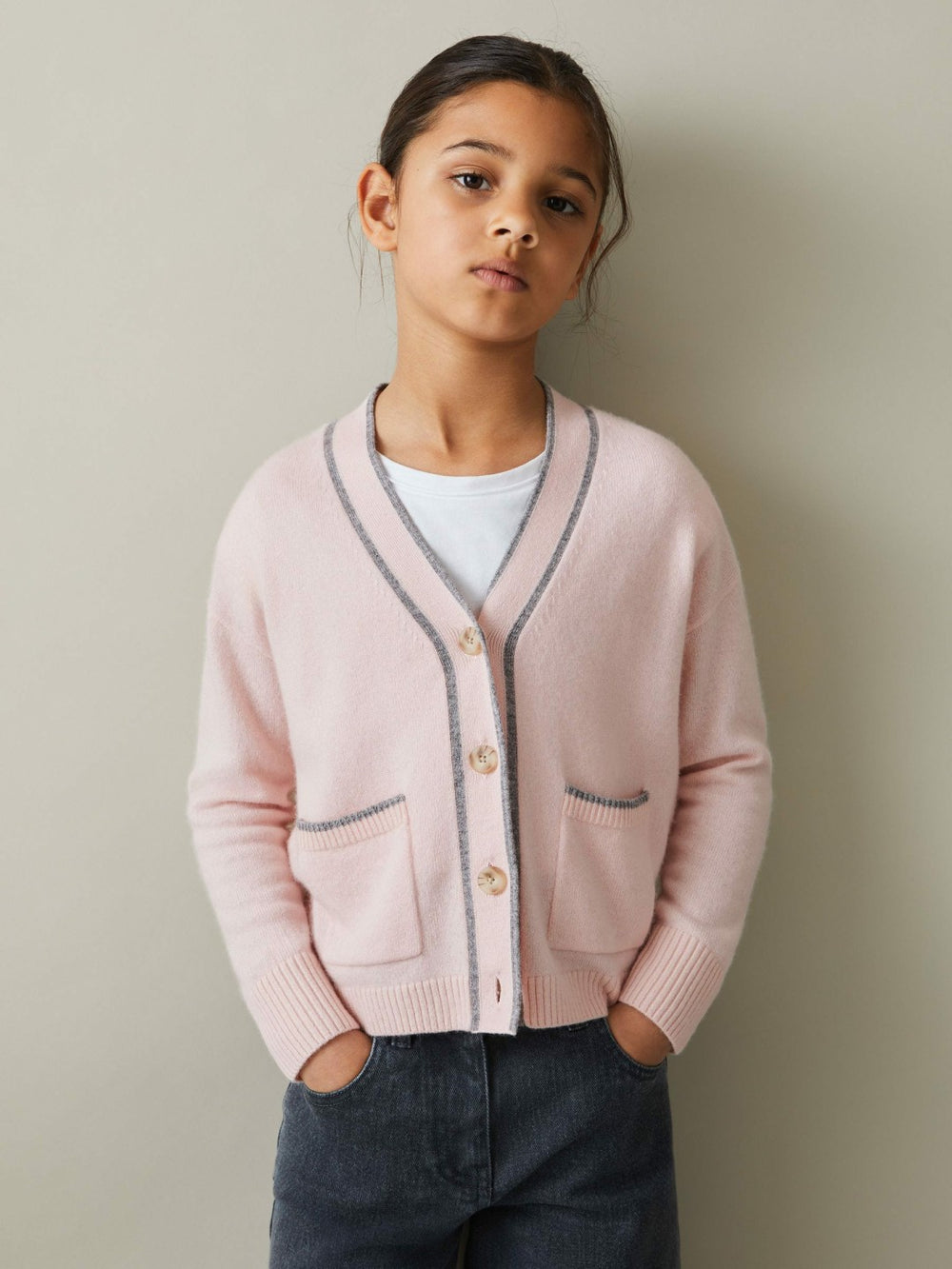 9-13 yrs Wool-Blend Stripe-Detail Cardigan With Cashmere in Pink