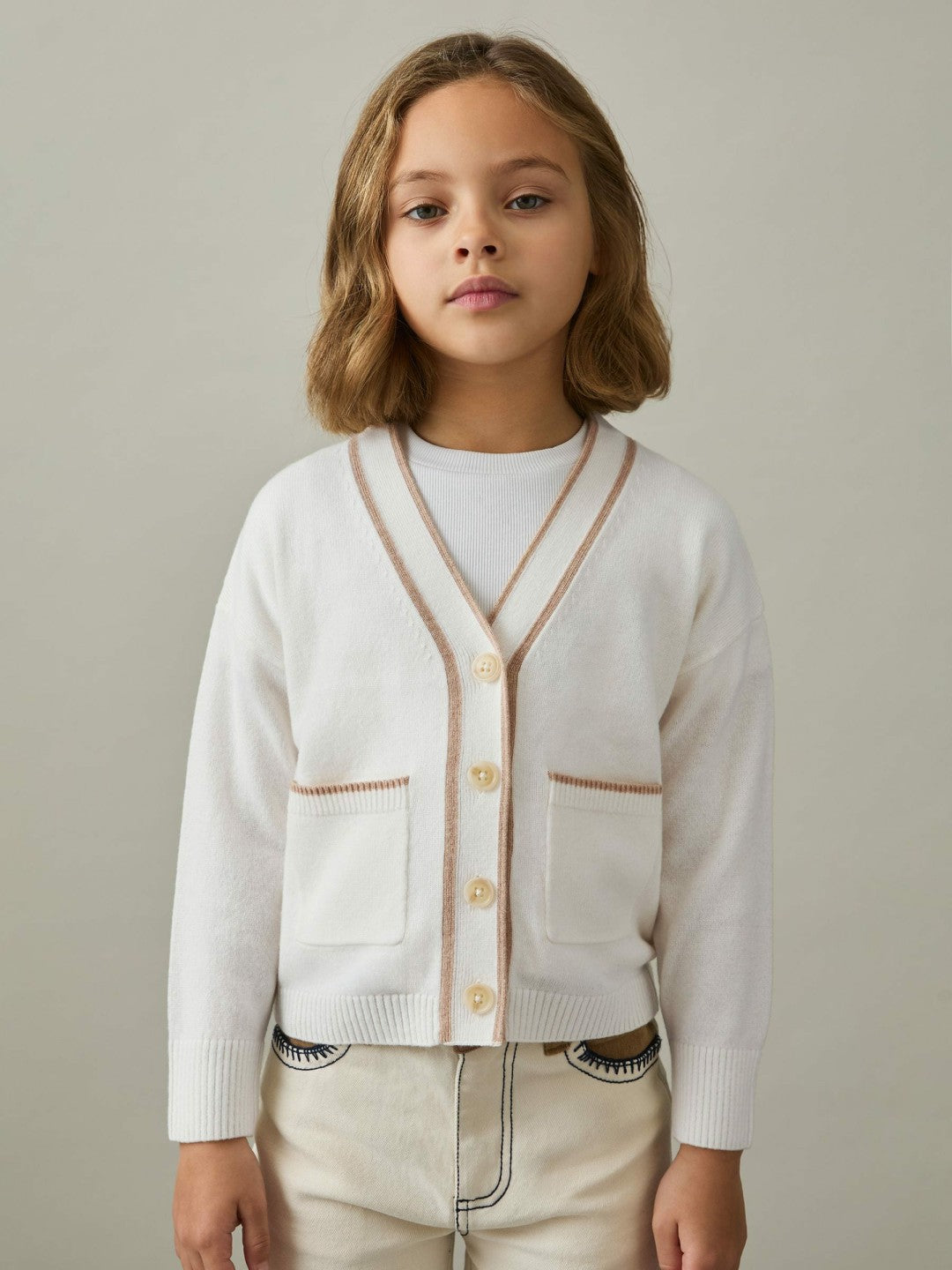 4-9 yrs Wool-Blend Stripe-Detail Cardigan With Cashmere in Cream