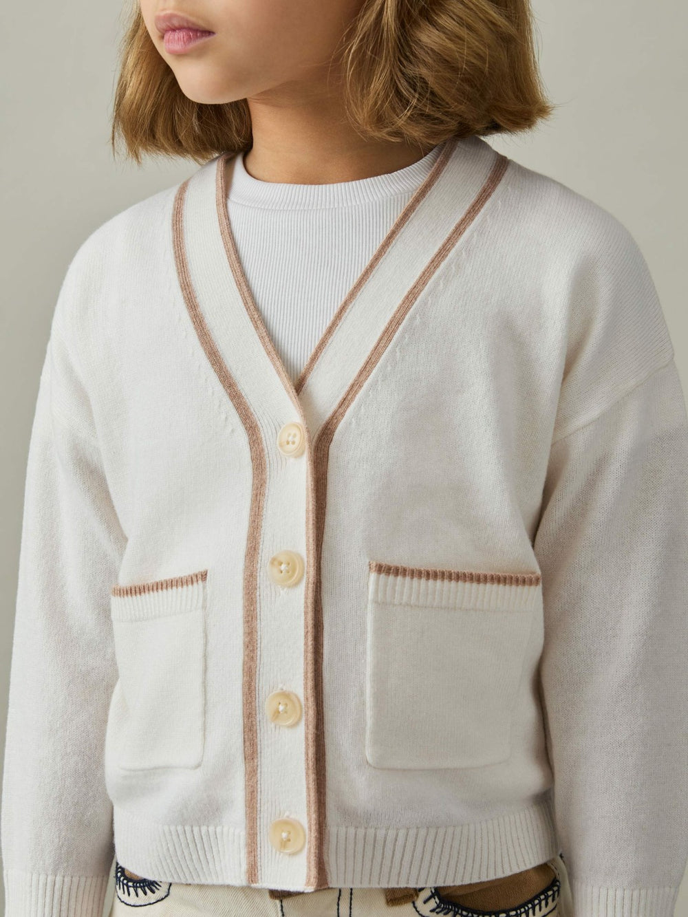 13-14 yrs Wool-Blend Stripe-Detail Cardigan With Cashmere in Cream