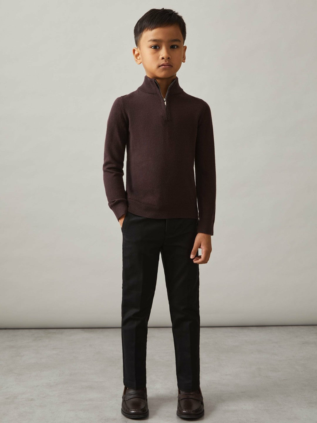 3-9 yrs Merino Wool Half-Zip Funnel Neck Jumper in Dark Bordeaux
