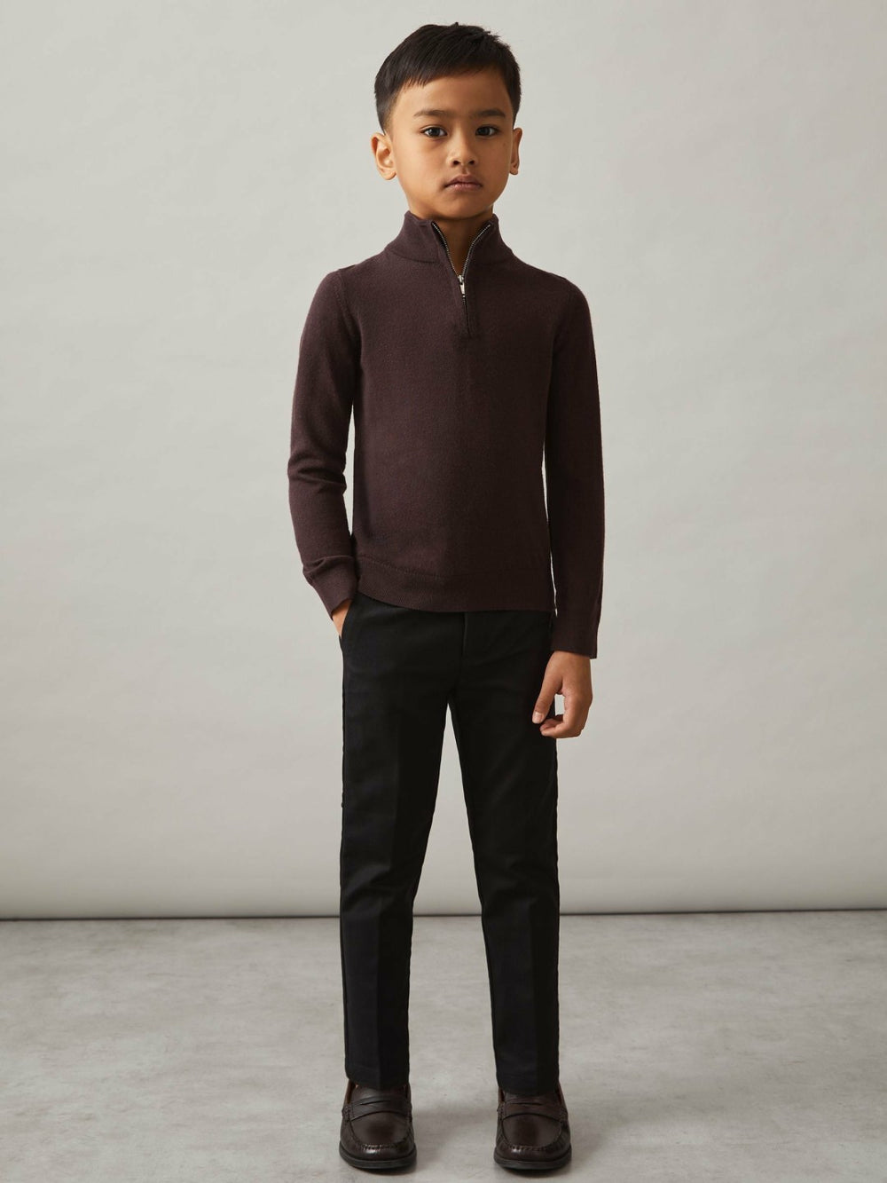 3-9 yrs Merino Wool Half-Zip Funnel Neck Jumper in Dark Bordeaux