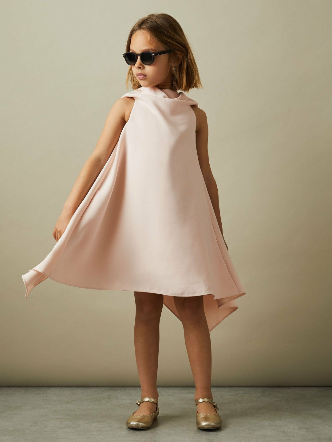 13-14 yrs High-Neck Drape Back Dress in Pink