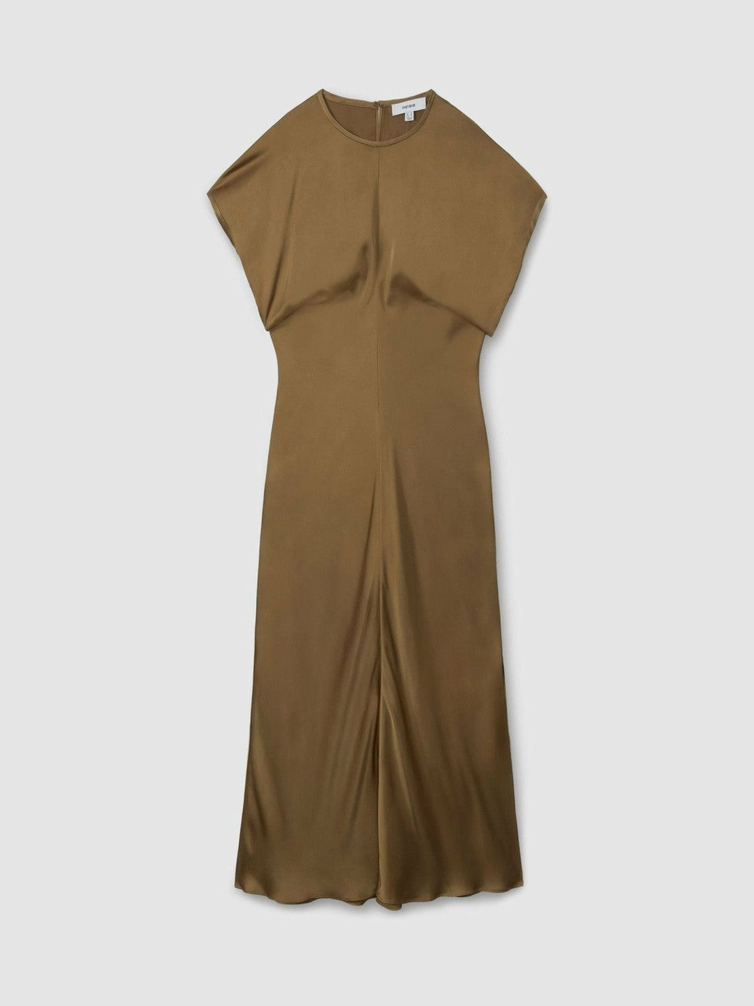 Satin Short-Sleeve Midi Dress in Khaki