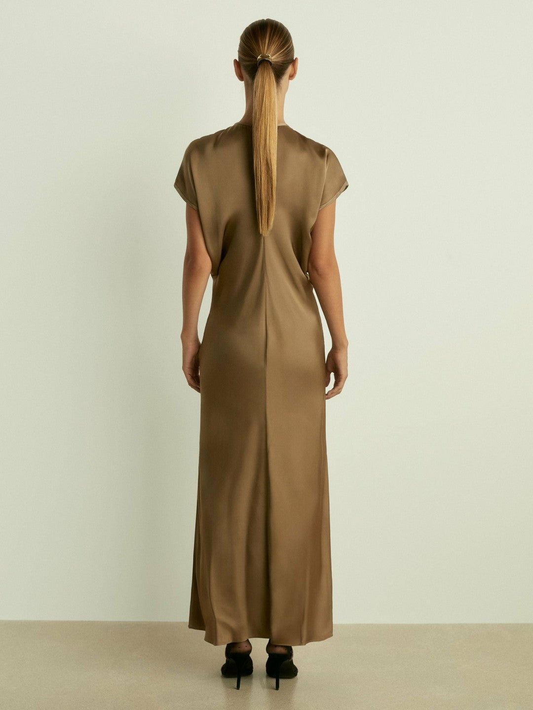 Satin Short-Sleeve Midi Dress in Khaki