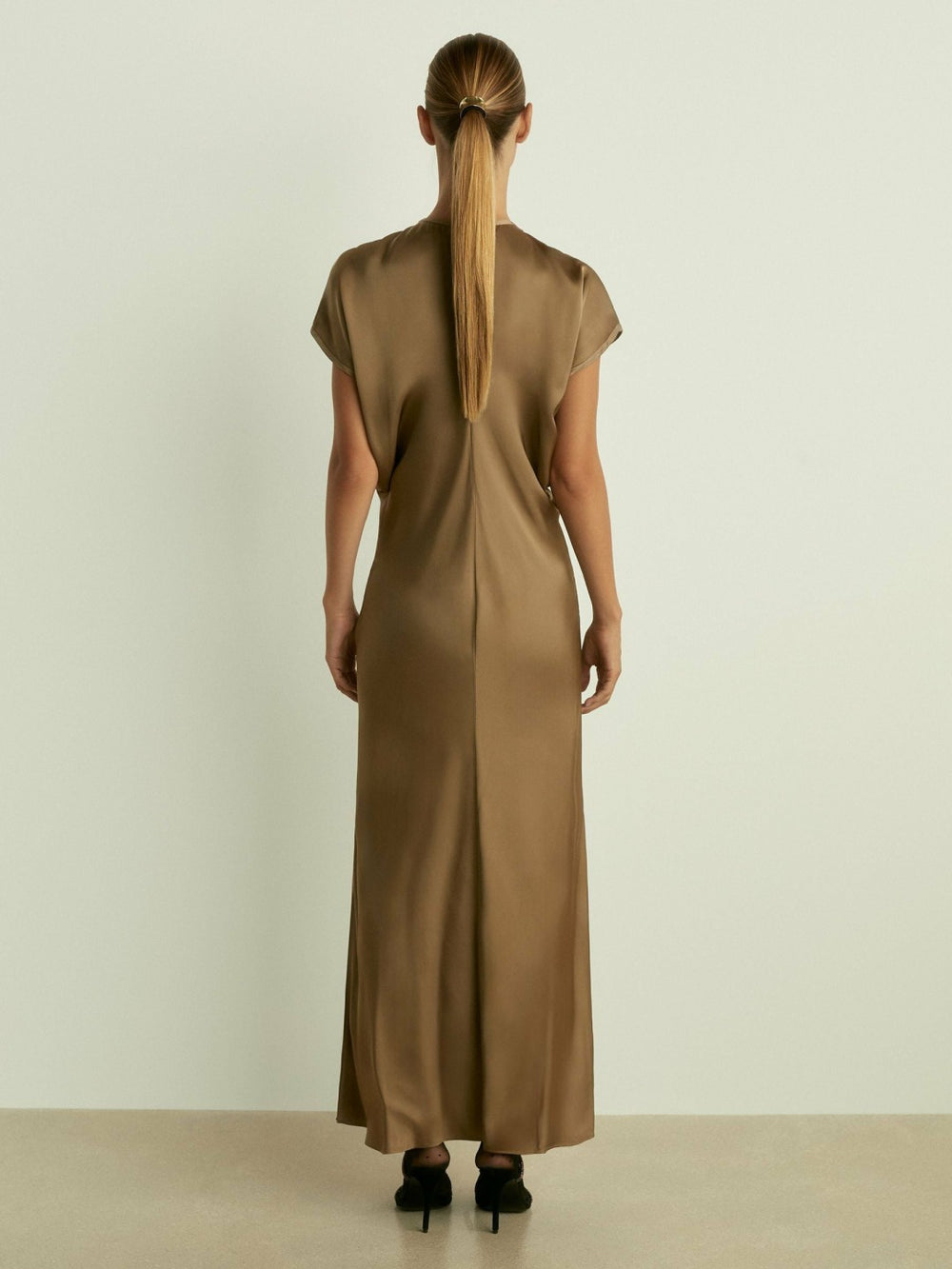Satin Short-Sleeve Midi Dress in Khaki