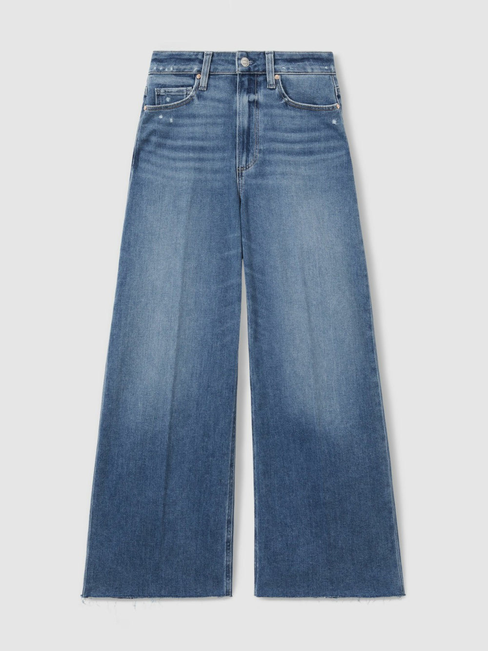 Paige Wide Leg Raw Hem Cropped Jeans in Rock Show Blue