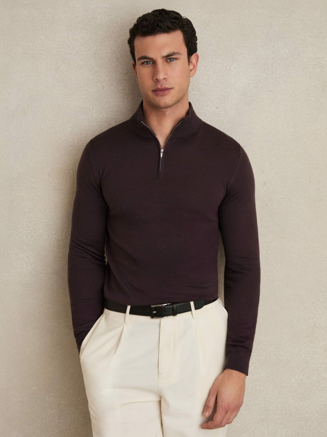 Merino Wool Half-Zip Jumper in Dark Bordeaux