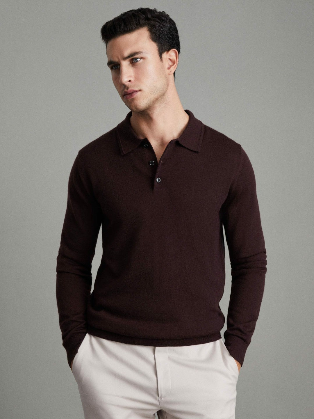 Merino Wool Polo Shirt in Dark Bordeaux