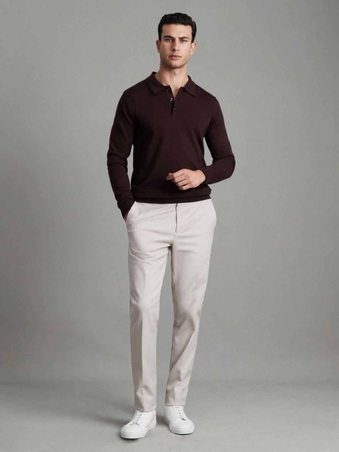 Merino Wool Polo Shirt in Dark Bordeaux