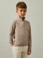 9-13 yrs Merino Wool Half-Zip Funnel Neck Jumper in Wheat Melange