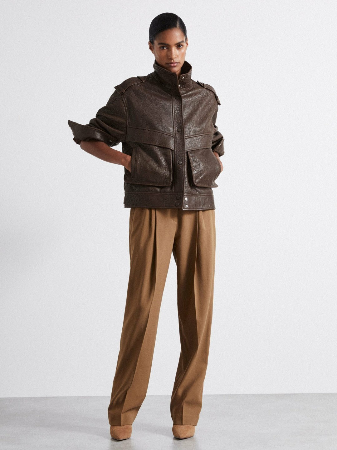 Atelier Grained Leather Jacket in Chocolate
