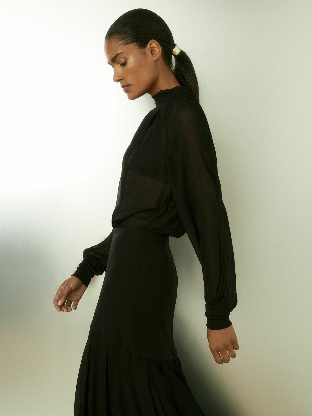 Sheer Jersey Gathered Maxi Dress in Black