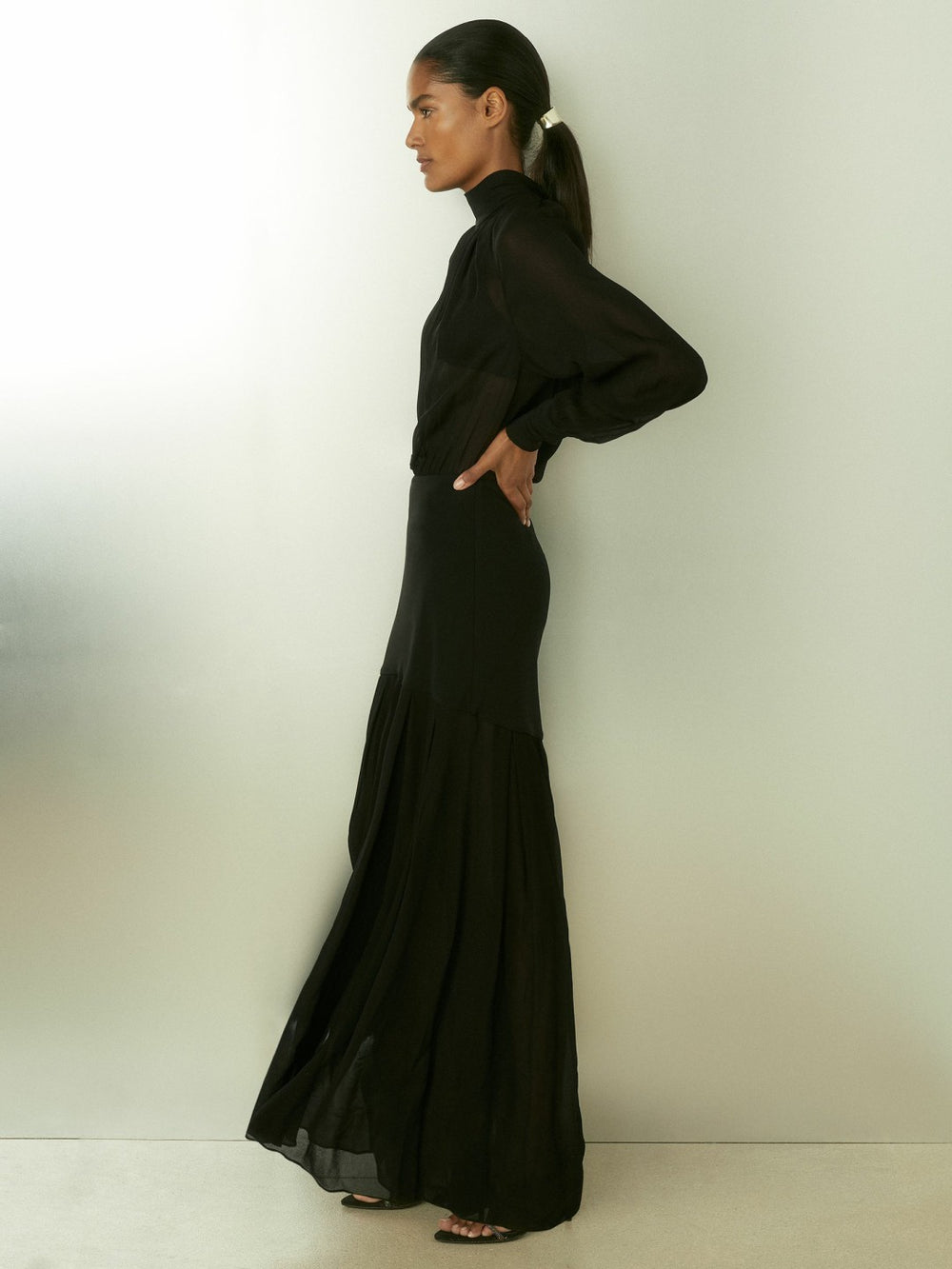 Sheer Jersey Gathered Maxi Dress in Black