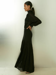 Sheer Jersey Gathered Maxi Dress in Black