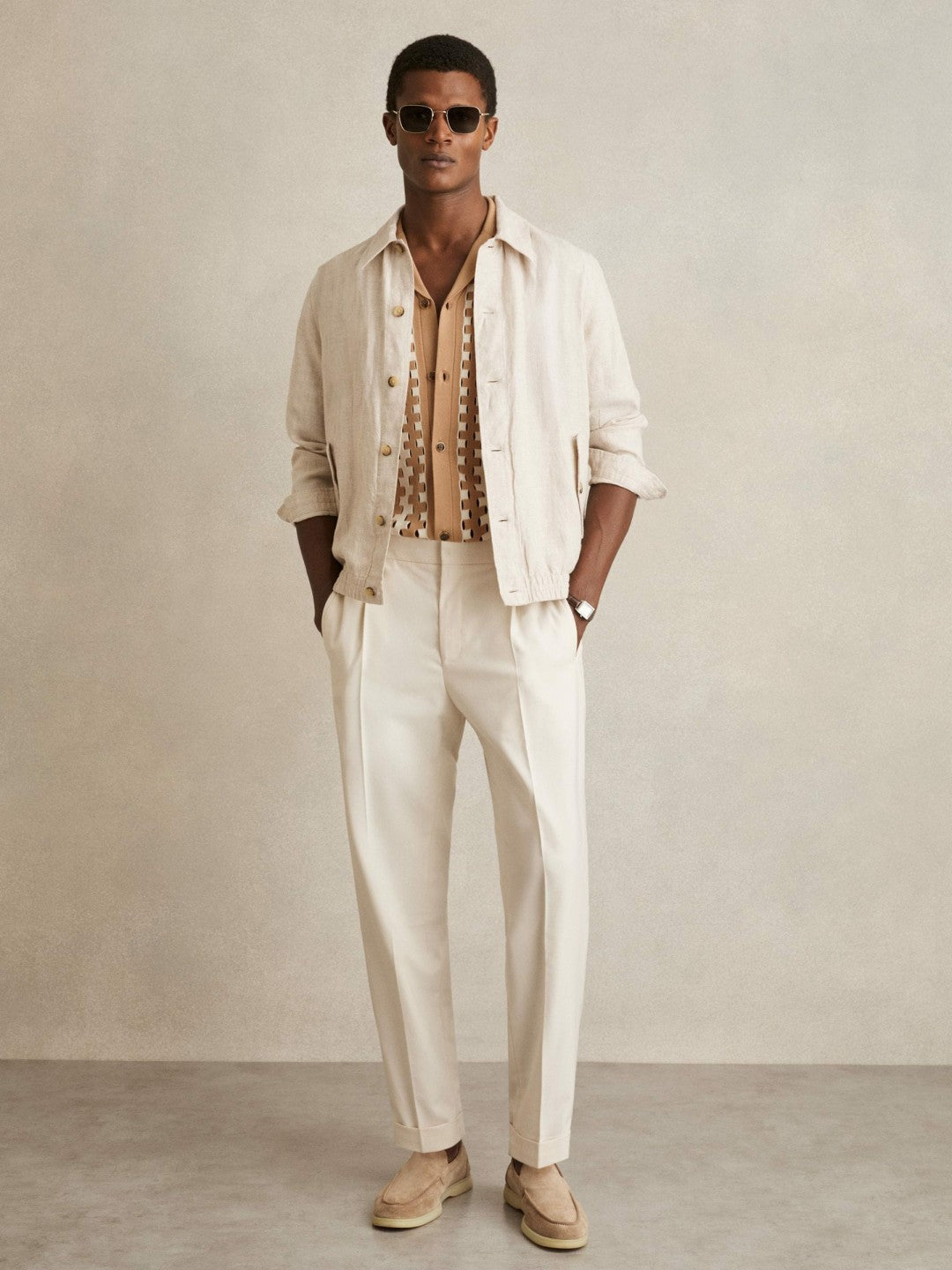 Geometric Cuban-Collar Knit Shirt in Camel/Off White