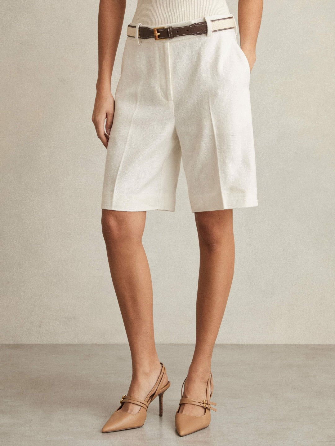 Linen-Blend Bermuda Shorts in White