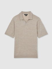 Merino Wool Open Collar Polo Shirt in Wheat Melange