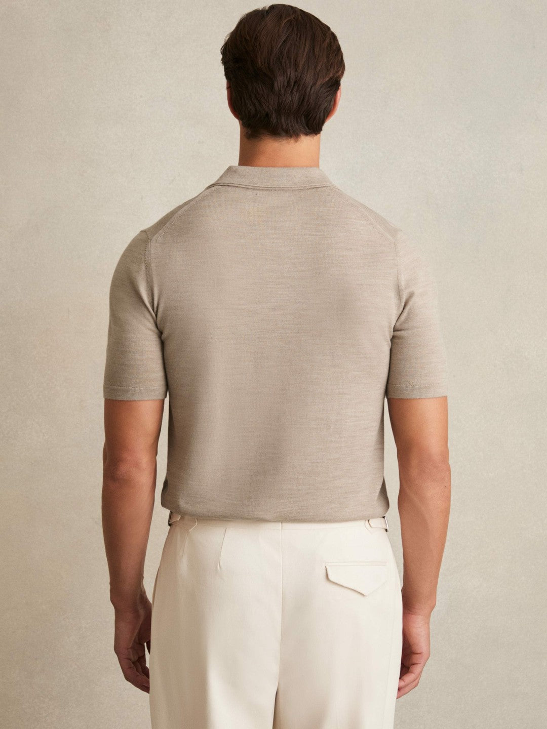 Merino Wool Open Collar Polo Shirt in Wheat Melange