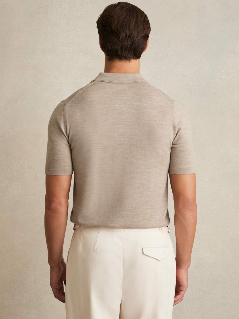 Merino Wool Open Collar Polo Shirt in Wheat Melange