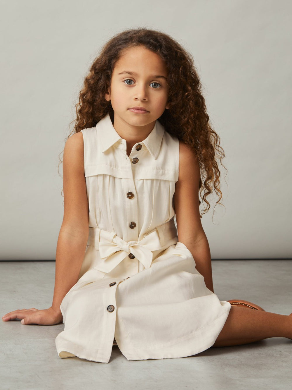 9-13 yrs Tie-Waist Collared Dress in Ivory