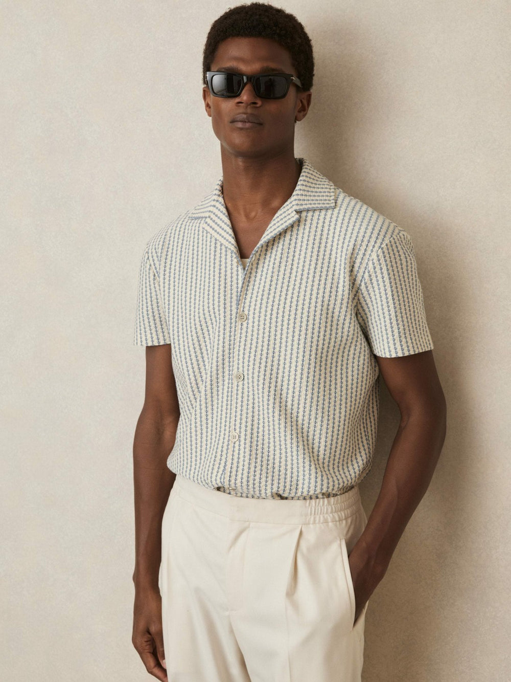 Textured-Stripe Cuban-Collar Shirt in White/Soft Blue