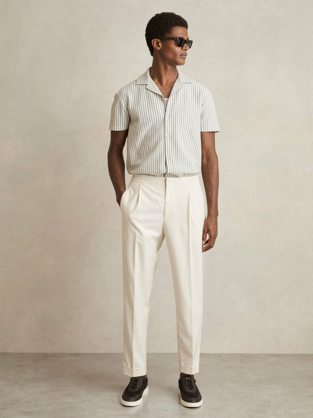 Textured-Stripe Cuban-Collar Shirt in White/Soft Blue