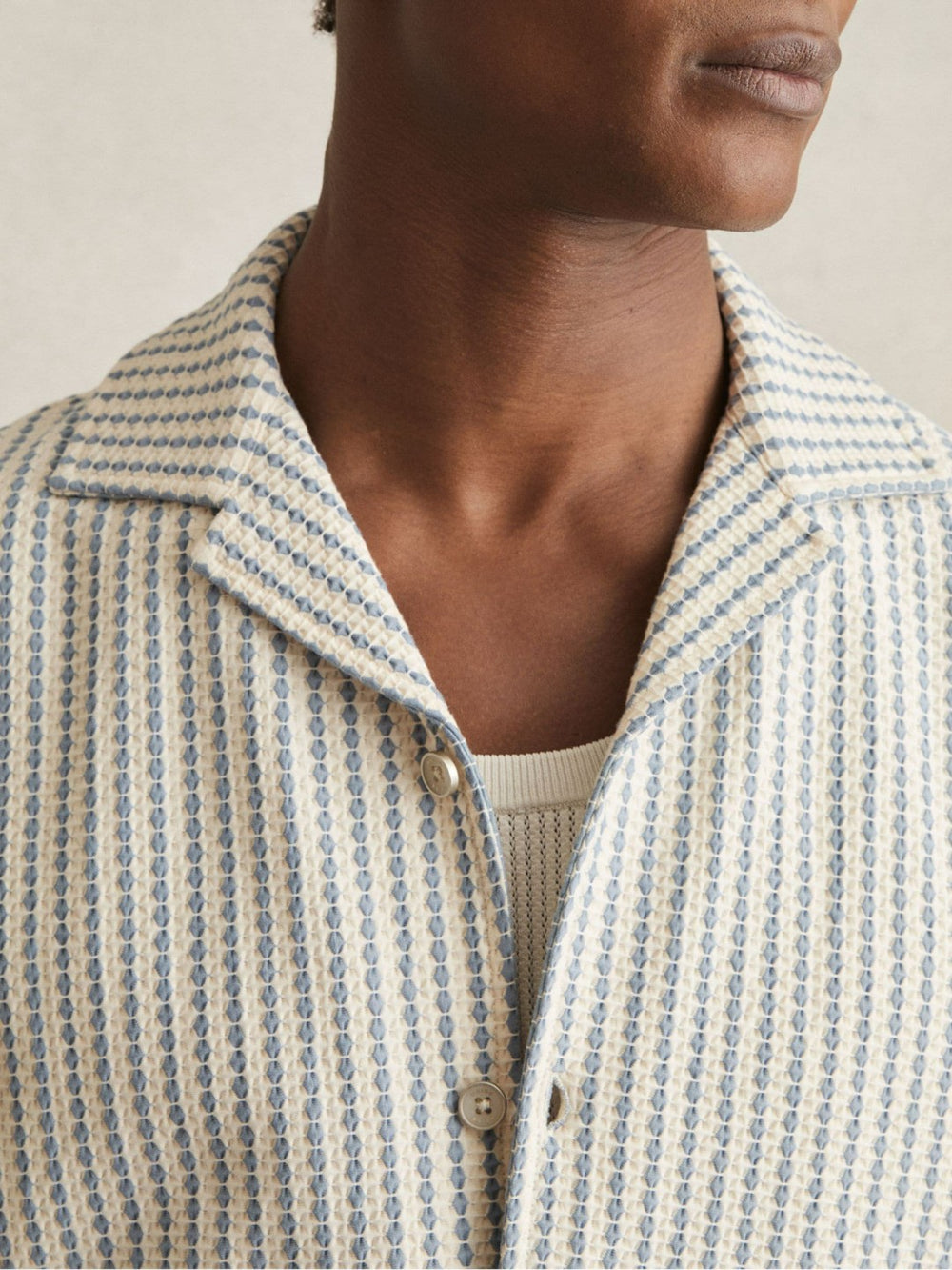 Textured-Stripe Cuban-Collar Shirt in White/Soft Blue