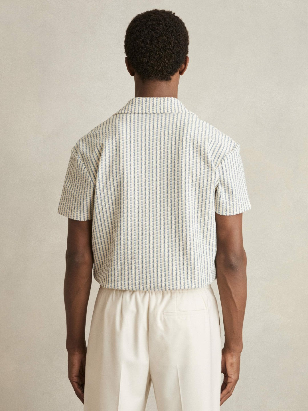 Textured-Stripe Cuban-Collar Shirt in White/Soft Blue